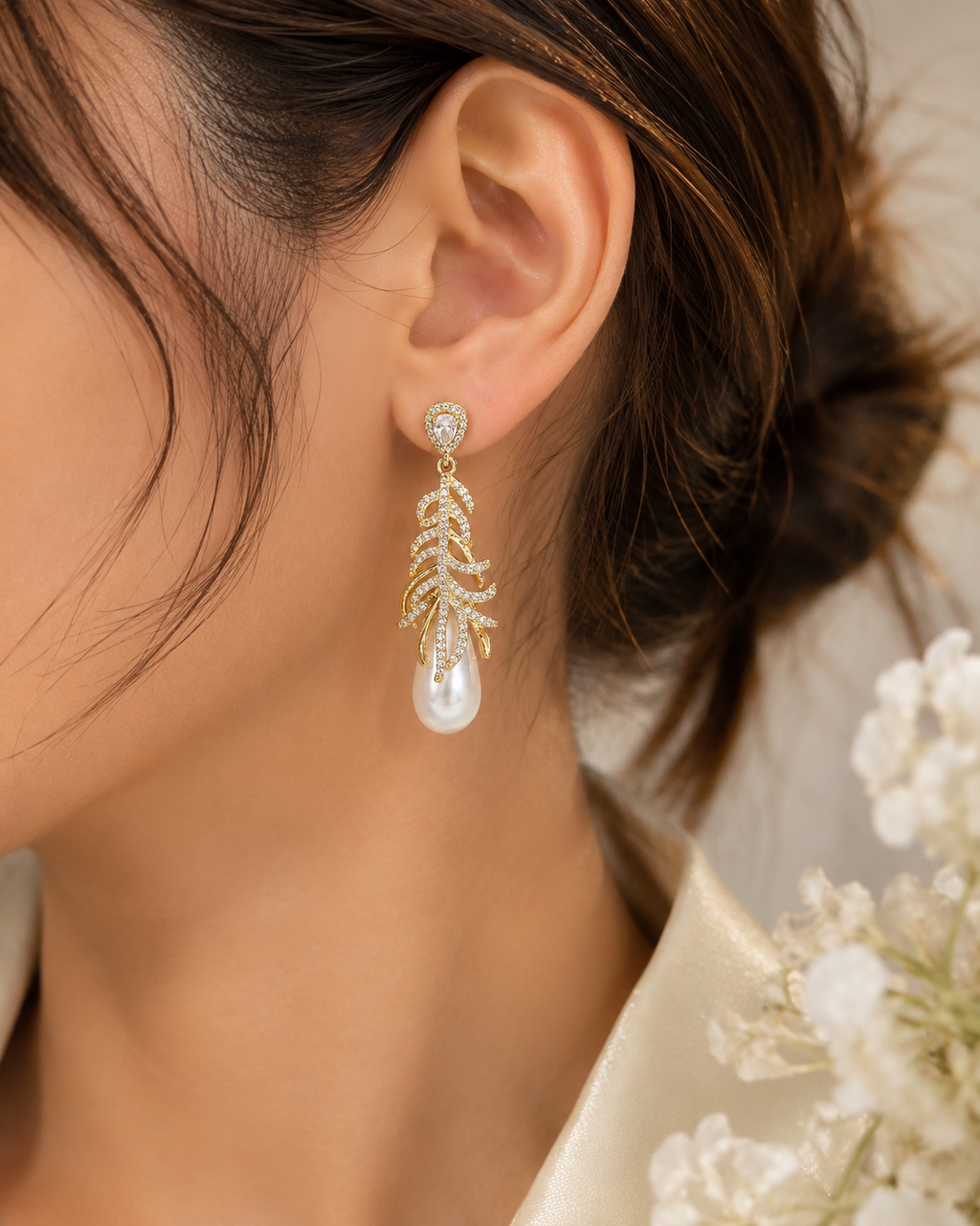 Elegant Gold Leaf Pearl Drop Earrings