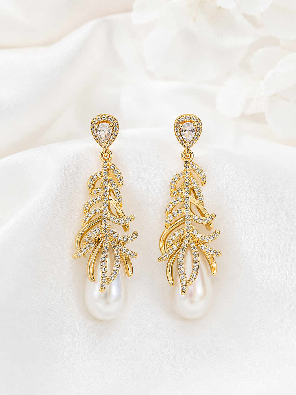 Elegant Gold Leaf Pearl Drop Earrings