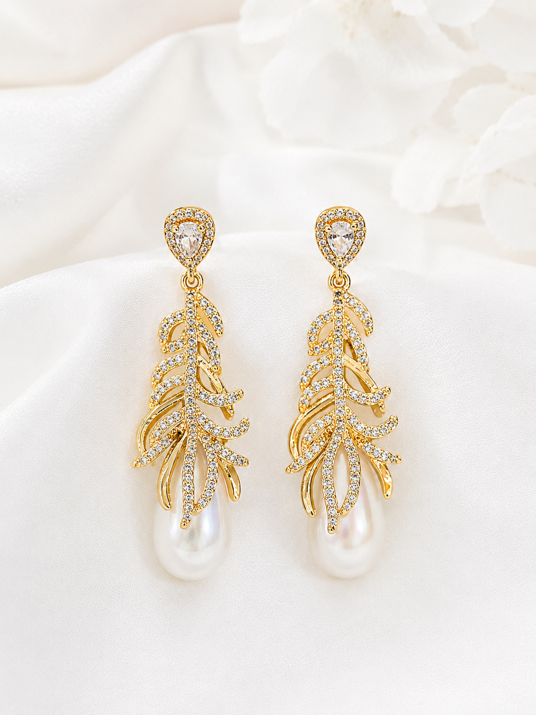 Elegant Gold Leaf Pearl Drop Earrings
