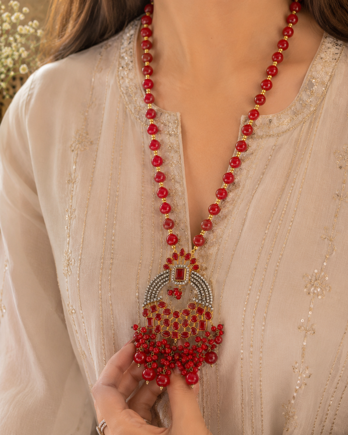 Elegant Red Beaded Pendant Mala