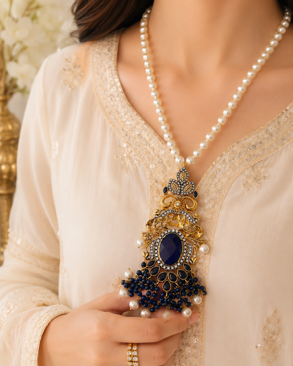 Royal Sapphire Pearl Mala Necklace