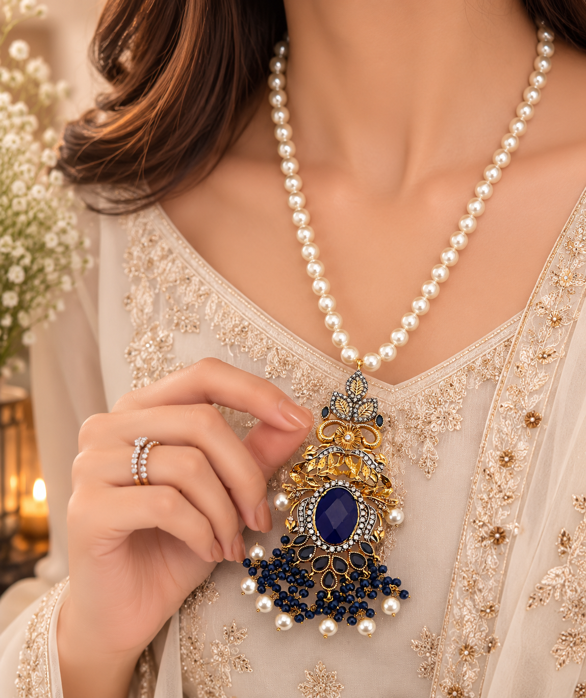 Royal Sapphire Pearl Mala Necklace