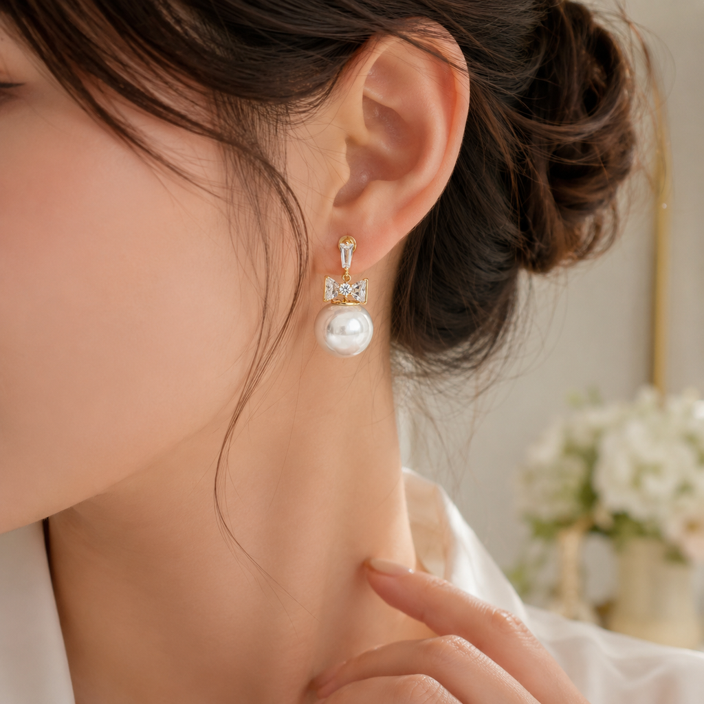 Crystal Bow Pearl Drop Earrings