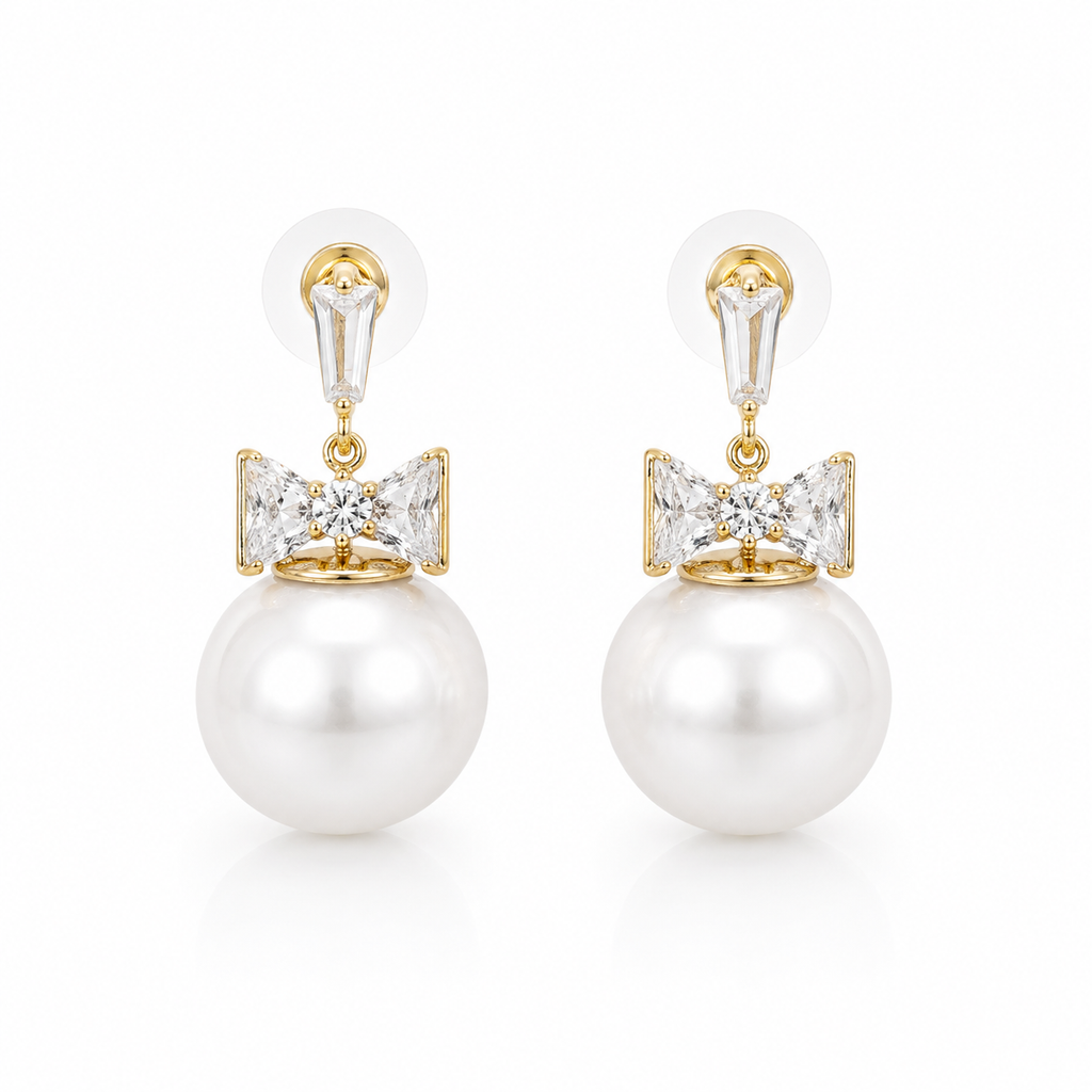 Crystal Bow Pearl Drop Earrings