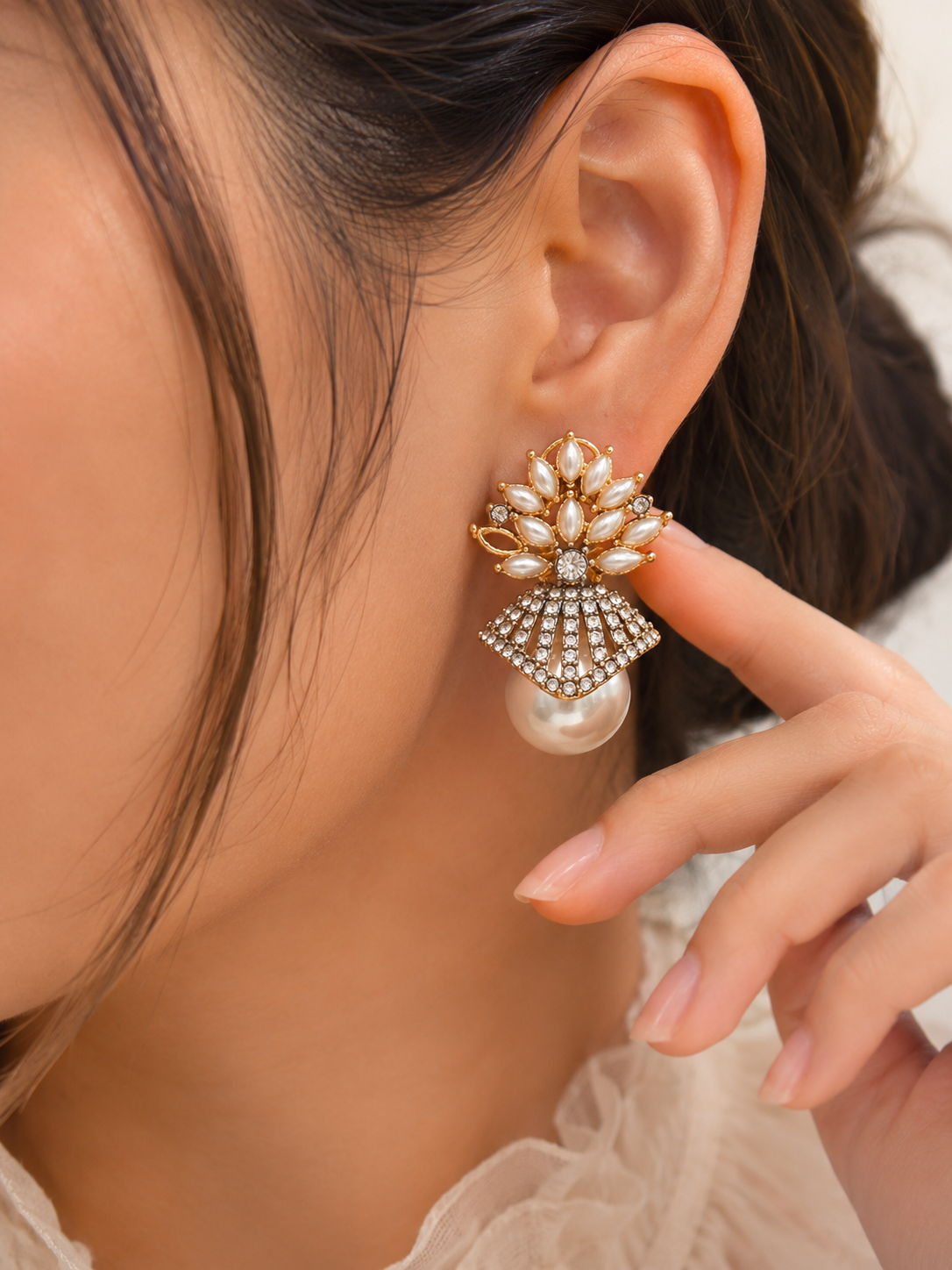 Elegant Pearl Fan Drop Earrings