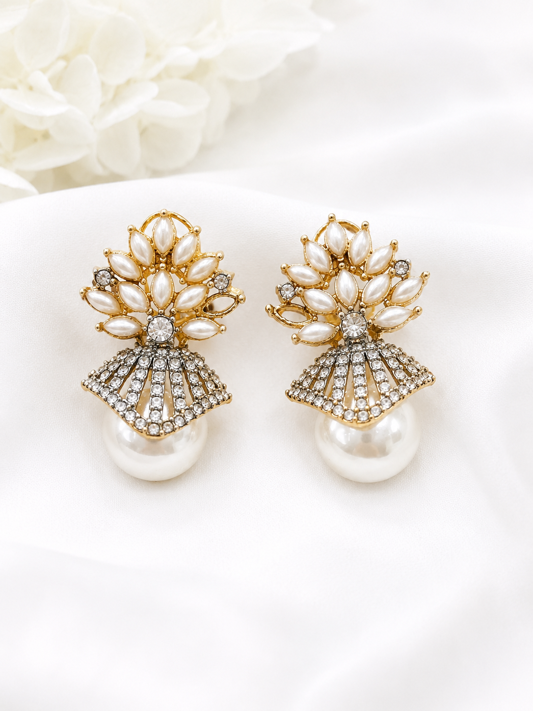 Elegant Pearl Fan Drop Earrings