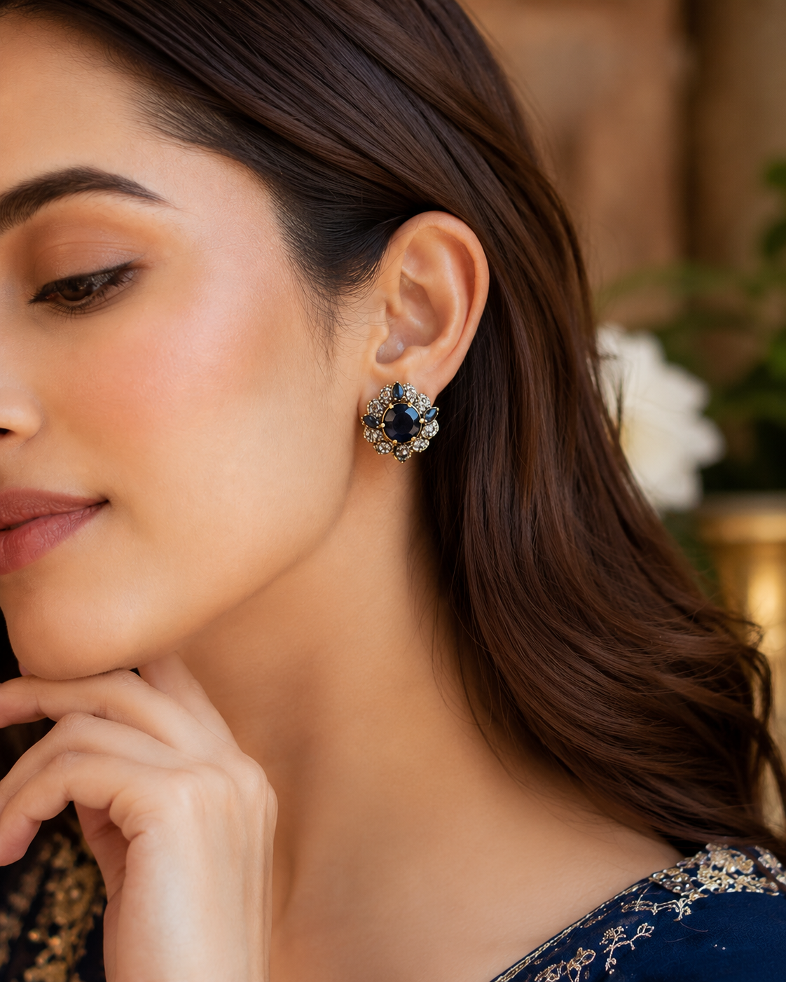 Royal Sapphire Floral Stud Earrings