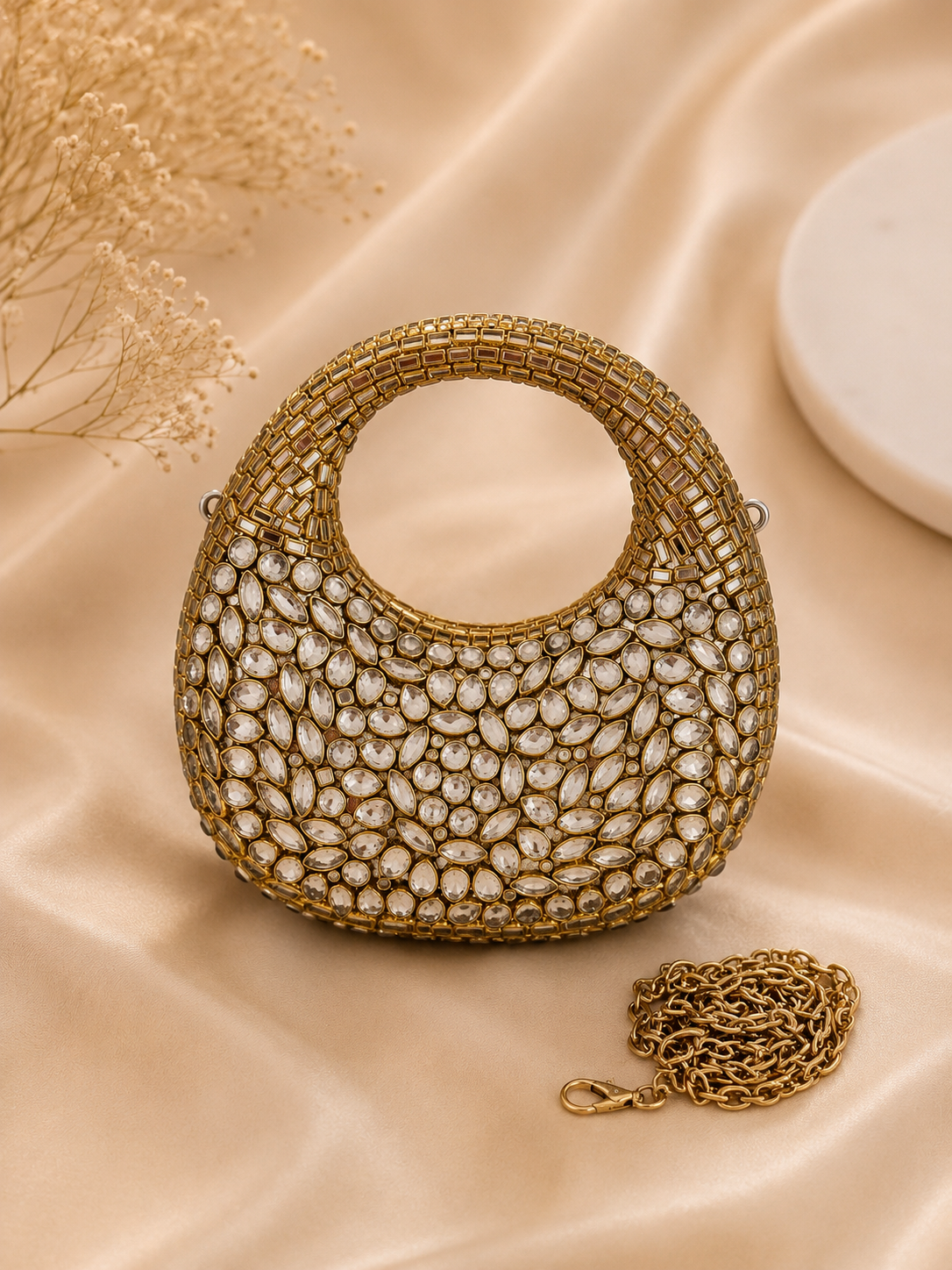 Oval Crystal Kundan Handbag
