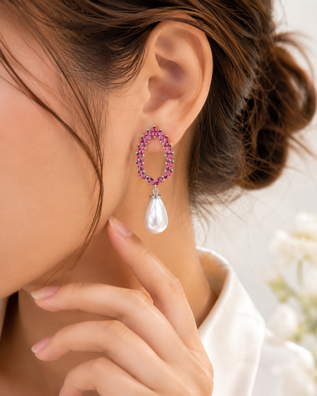 Pink Crystal Pearl Drop Earrings